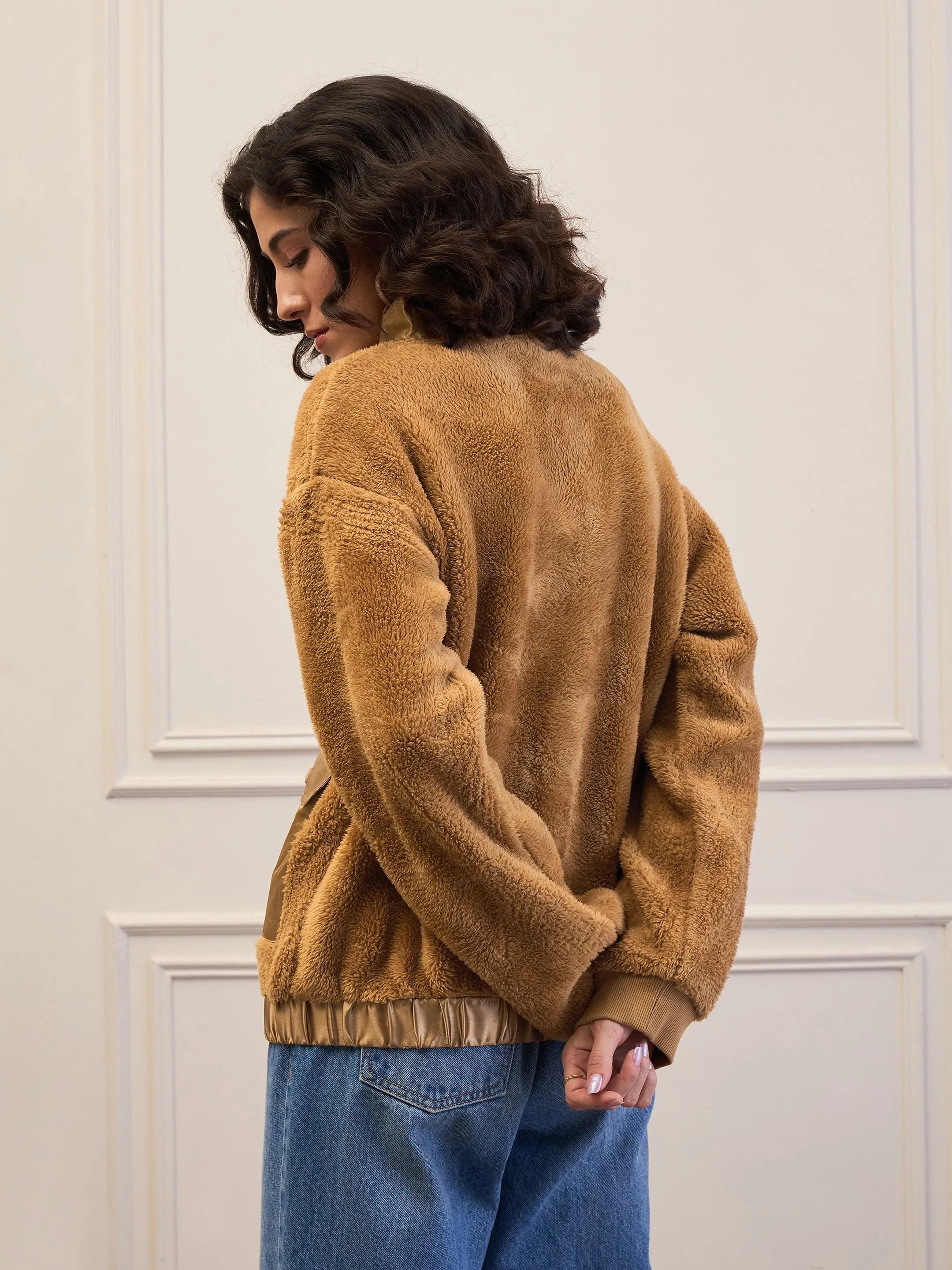 Women Brown Fur Front Patch Pocket Jacket