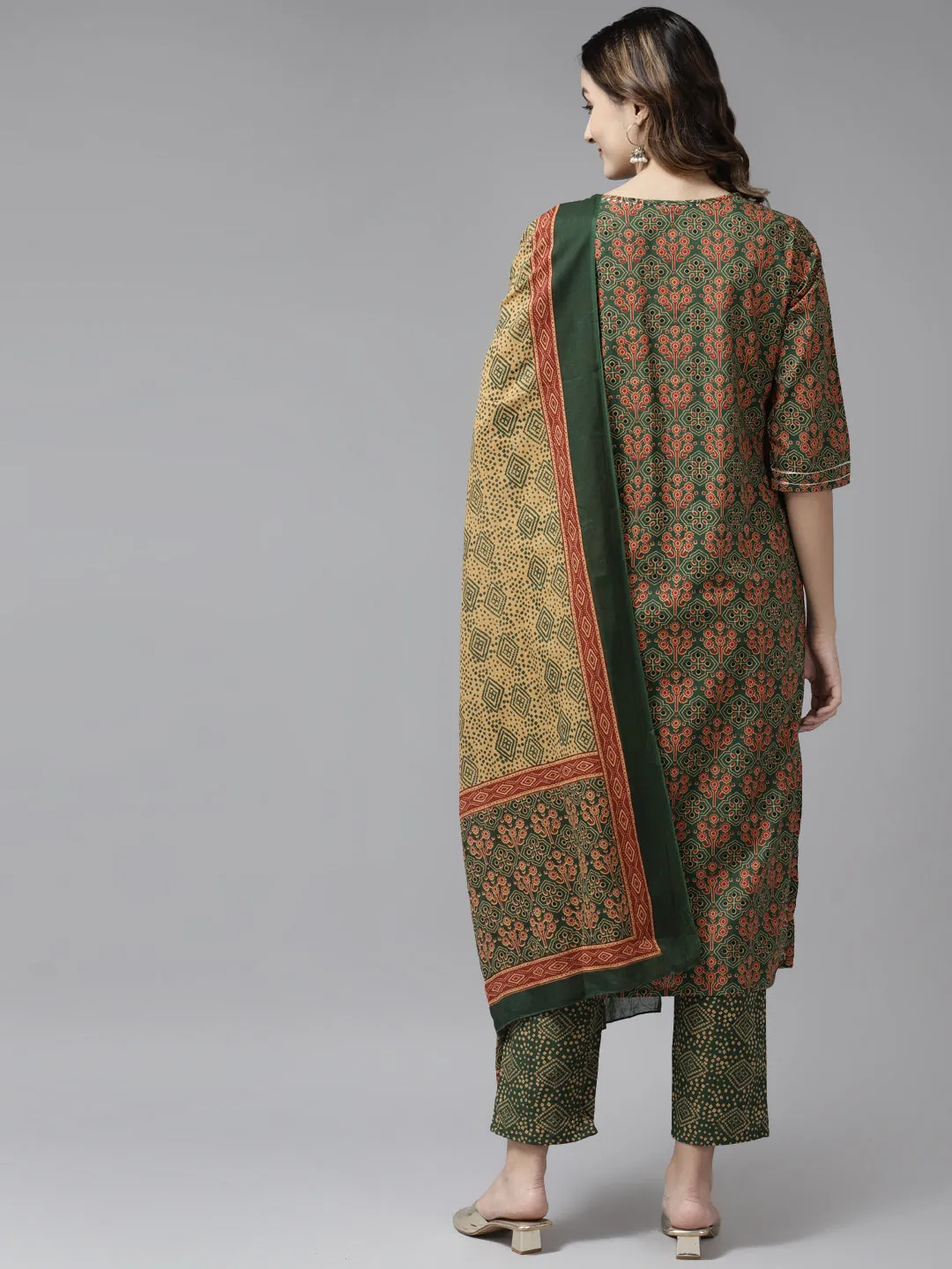 Women Olive Green Ethnic Motifs Print Cotton Kurta With Trousers & Dupatta