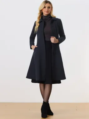 Women's Peter Pan Collar Single Breasted Belted Contrast Trim Swing Winter Coat